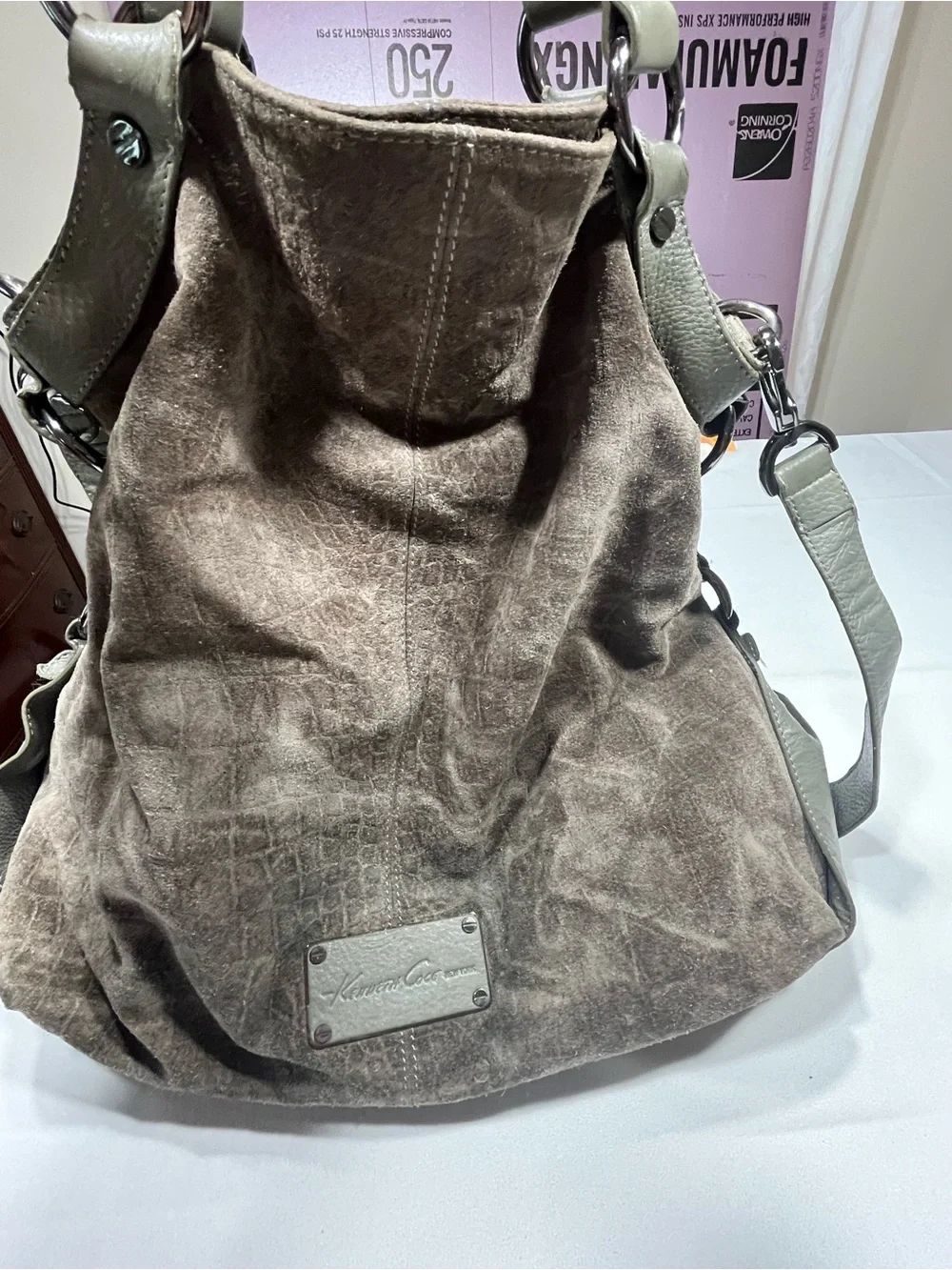 Kenneth Cole New York Suede Leather Hobo Shoulder Bag Gray Brown Large Tote